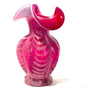 Fenton Cranberry Ribbed Vase Pulled Feather Glass / 5 1/2" Tall / USA Made Glass